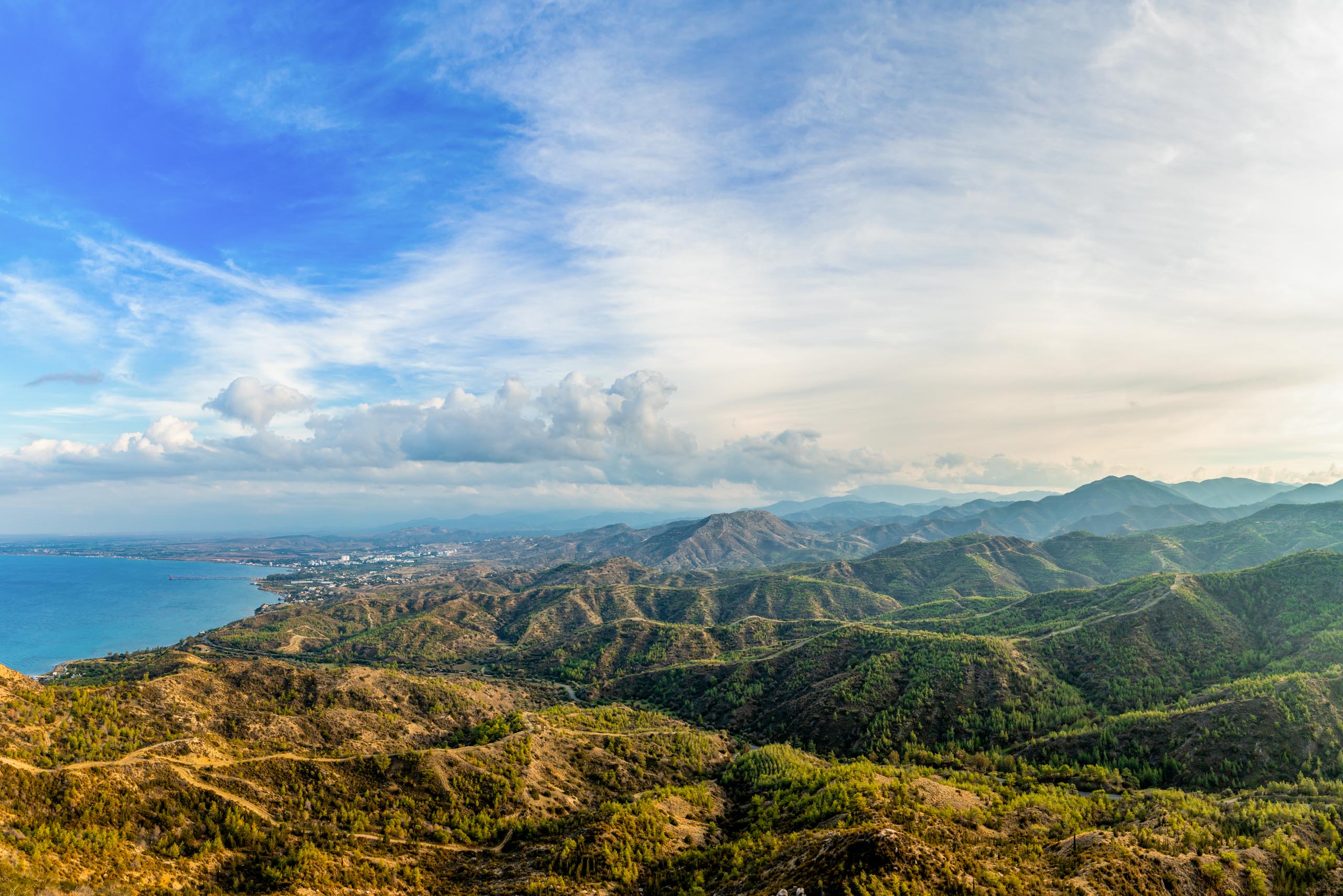 Troodos mountains panorama with Lefke town